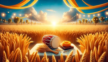 Realistic baisakhi celebration background with traditional symbols in wheat field.