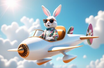 A rabbit is driving a small plane with sunglasses. AI generated.
