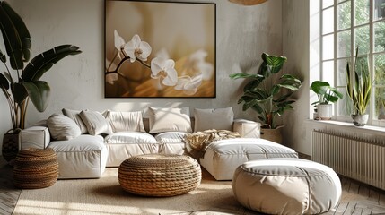 a modern living room in off white and tan with a horizontal large canvas print of white orchids...