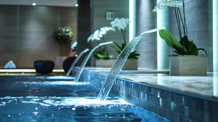 A luxury spa reception with calming water features and serene decor.