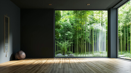 Modern interior design showcasing a bright room with hardwood floors and a stunning bamboo forest...