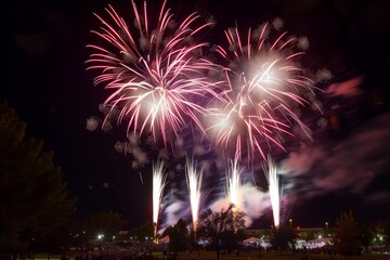 fireworks display over a park filled with festivalgoers