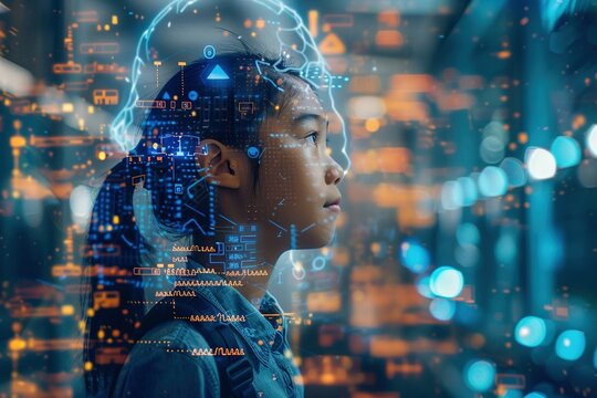 A double exposure of a student's silhouette interlaced with a vibrant network of AI technology. The scene, bathed in upscale light, represents a harmonious fusion of human and artificial intelligence 