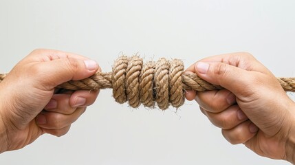 A rope held in both hands, a torn rope, white background