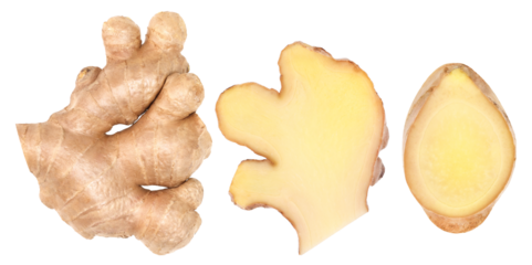 Fresh ginger rhizome, Half and slice isolated, transparent PNG, collection, PNG format, cut out, Close-up