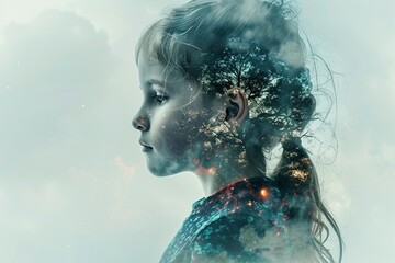 A double exposure paints a futuristic vision of education. A student's silhouette merges with a boundless network of AI knowledge