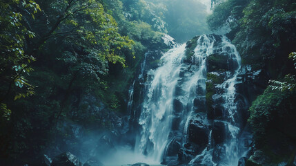 A majestic waterfall cascading down a rocky cliff surrounded by lush greenery.