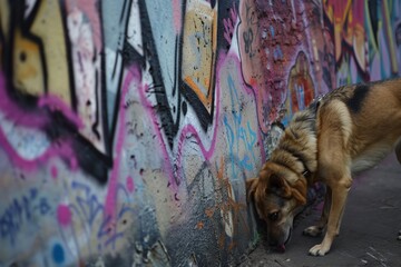 dog sniffing around at the base of a graffiticovered wall