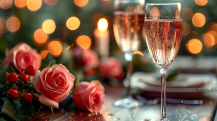 Champagne and beautiful rose bouquet. Romantic date, candle light dinner setting 