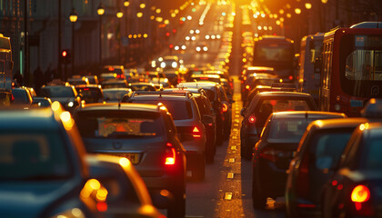 The hustle and bustle of a city's morning rush hour come alive with cars bumper to bumper - signaling the start of a new day. - obrazy, fototapety, plakaty