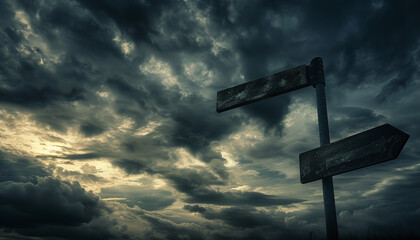 Road sign silhouetted against a dramatic stormy sky wide - obrazy, fototapety, plakaty