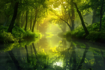 Fototapeta na wymiar Mesmerizing Serenity - A Lush Forest Landscape with a Calm, Reflective River Bathed in Warm Sunlight