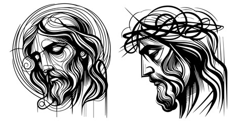 head of jesus, nocolor vector illustration silhouette for laser cutting cnc, engraving, black shape decoration
