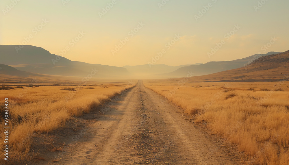 Poster Empty desert road with mirages shimmering in the heat wide