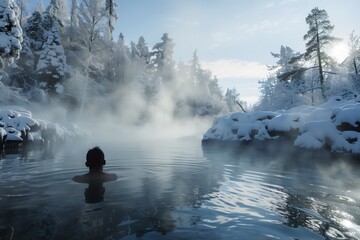 person submerged in steaming hot spring, snowcovered trees in background - obrazy, fototapety, plakaty