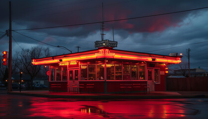 Roadside diner at twilight with neon lights glowing wide