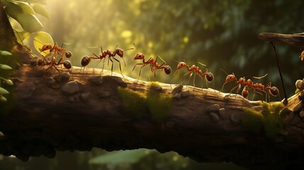 A powerful HD image capturing the essence of teamwork and cooperation among ants, as they join forces to overcome obstacles and build bridges, exemplifying the strength of unity in the insect kingdom. - obrazy, fototapety, plakaty