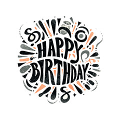 A hand drawn birthday card with the words Happy Birthday written in a cursive style. The card has a fun and playful look to it, with a lot of swirls and dots. The overall mood of the card is cheerful