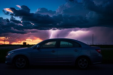Fototapeta na wymiar car parked on roadside with storm clouds and lightning in background