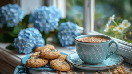Schilderijen op glas Coffee cup with sharp pattern, hydrangea near the window, plate of cookies, bright colors, light background © Denis
