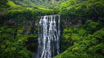 A majestic waterfall cascading down a rugged cliff surrounded by lush greenery.