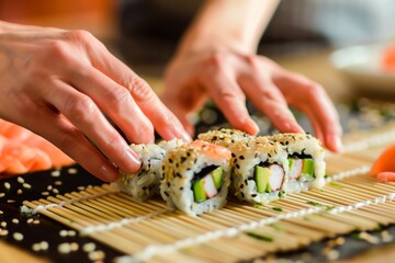 closeup of hands shaping a sushi roll on a bamboo mat