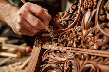 carpenter carving intricate details into mahogany chair - obrazy, fototapety, plakaty