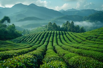 background of tea mountains and neatly arranged tea fields 