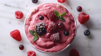 Creamy smoothie bowl with berry puree, complemented with fresh fruit.  Top view.