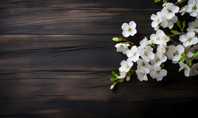 White flowers on brown wooden background. Top view with copy space