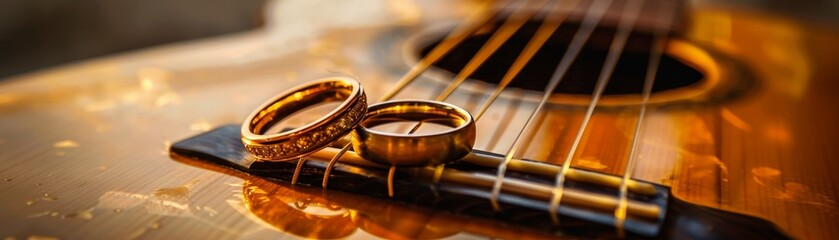 Wedding rings on a guitar, music lovers theme