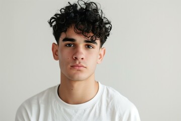 Confident Young Man with curly black hair looking at camera. - obrazy, fototapety, plakaty