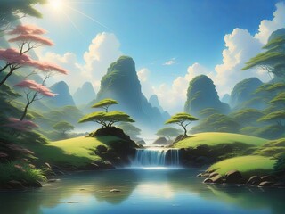 China fantasizes about natural scenery, with lush trees, cascading waterfalls, and undulating mountains. Green tone. AI generation.