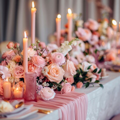 flowers on the table in restaurant. still life with candles and flowers. pink wedding table setting for a dinner 