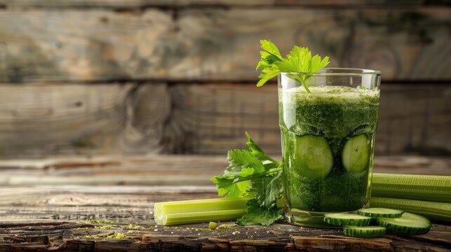Fresh green vegetable juice with cucumber and celery leaf against grunge wood,Glass of green detox smoothie of cucumber and parsley on a wooden table, Green vegetable juice on table close-up
