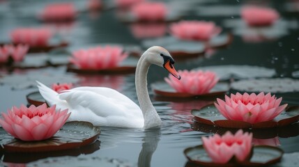   A white swan floats atop tranquil water, surrounded by pink water lilies bobbing on its surface