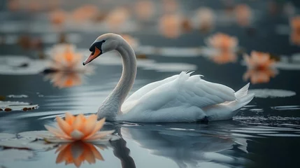 Foto op Canvas   A white swan floats atop a tranquil lily-covered lake, surrounded by water lilies © Wall