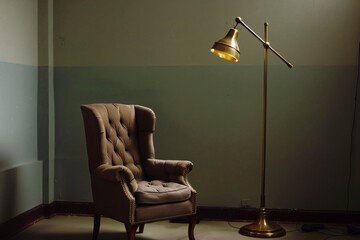 sitting in highbacked chair, brass floor lamp overhead