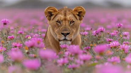   A tight shot of a lion gazing directly at the camera in a flower-filled meadow
