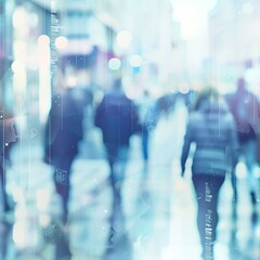 Blurred image of people walking in a modern urban environment with a futuristic feel, perfect for illustrating technology and urban lifestyle themes.