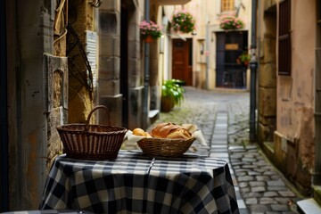 bistro table with checkered cloth and bread basket in an alleyway