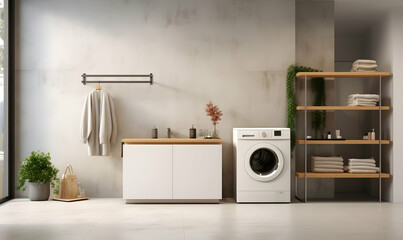 Laundry room interior with washing machine and accessories. 3d rendering