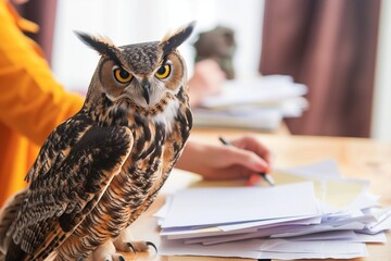 owl on teachers desk while person grades papers
