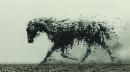   A monochrome image of a horse with copious dust rising from its back legs - obrazy, fototapety, plakaty