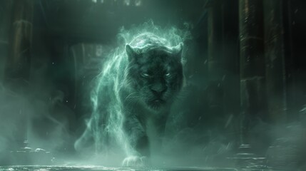   A tight shot of a cat strolling in a misty landscape, illuminated by a nearby light, casting an ethereal glow on its face