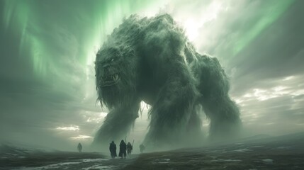   A group of people face a colossal monster in a field, surrounded by a gloomy, cloud-filled sky