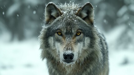   A grey wolf gazes sadly at the camera through yellow eyes against a backdrop of falling snow