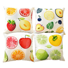 Fruity Flair: A Set of Four Vibrant Fruit-Themed Throw Pillows isolated on transparent background, cut out, png