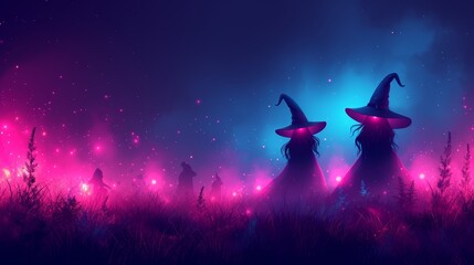   Two witches adjacent on a verdant field, surrounded by purple and blue background lights