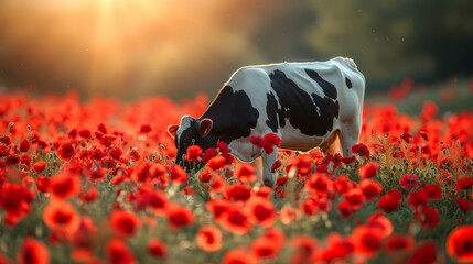   A black-and-white cow stands in a field of vibrant red flowers Sun rays filter through the tree limbs in the backdrop - obrazy, fototapety, plakaty